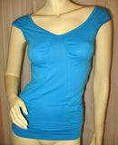 USA MADE NEW Womens BLUE CAP SLEEVE TOP SHIRT Blouse Front Pockets Junior