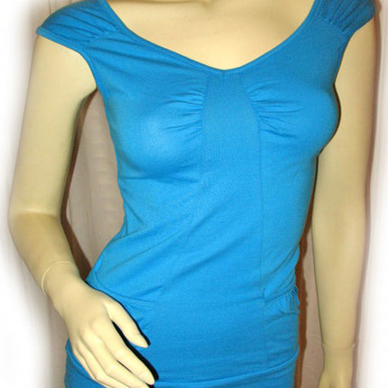 USA MADE NEW Womens BLUE CAP SLEEVE TOP SHIRT Blouse Front Pockets Junior