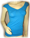 USA MADE NEW Womens BLUE CAP SLEEVE TOP SHIRT Blouse Front Pockets Junior