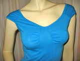 USA MADE NEW Womens BLUE CAP SLEEVE TOP SHIRT Blouse Front Pockets Junior