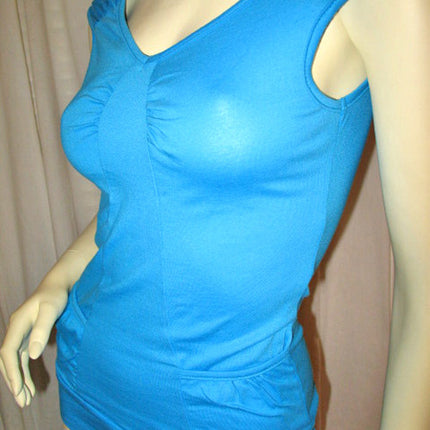 USA MADE NEW Womens BLUE CAP SLEEVE TOP SHIRT Blouse Front Pockets Junior