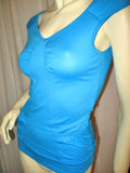 USA MADE NEW Womens BLUE CAP SLEEVE TOP SHIRT Blouse Front Pockets Junior
