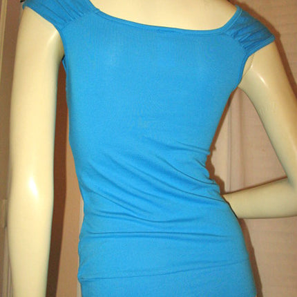 USA MADE NEW Womens BLUE CAP SLEEVE TOP SHIRT Blouse Front Pockets Junior
