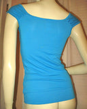 USA MADE NEW Womens BLUE CAP SLEEVE TOP SHIRT Blouse Front Pockets Junior