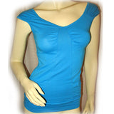 USA MADE NEW Womens BLUE CAP SLEEVE TOP SHIRT Blouse Front Pockets Junior