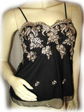 USA MADE NEW Womens Tops BLACK Mesh SPAGHETTI TOP Gold Embroidery Floral Flowers Clothing