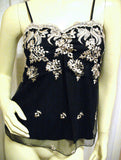 USA MADE NEW Womens Tops BLACK Mesh SPAGHETTI TOP Gold Embroidery Floral Flowers Clothing