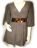 USA MADE NEW Womens BROWN 3/4 Bell Sleeve Gold Beads Empire Waist V-Neck TOP Fall Clothes Clothing