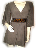 USA MADE NEW Womens BROWN 3/4 Bell Sleeve Gold Beads Empire Waist V-Neck TOP Fall Clothes Clothing
