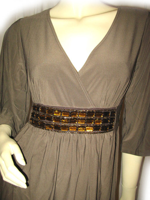 USA MADE NEW Womens BROWN 3/4 Bell Sleeve Gold Beads Empire Waist V-Ne TropicalFeel USA MADE NEW Womens BROWN 3/4 Bell Sleeve Gold Beads Empire Waist V-Ne TropicalFeel