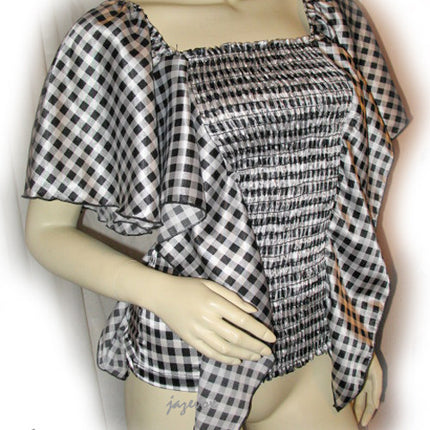 New Y2K Kaftan Top Blouse Check Checkered Made USA Black White Fairy Fairycore