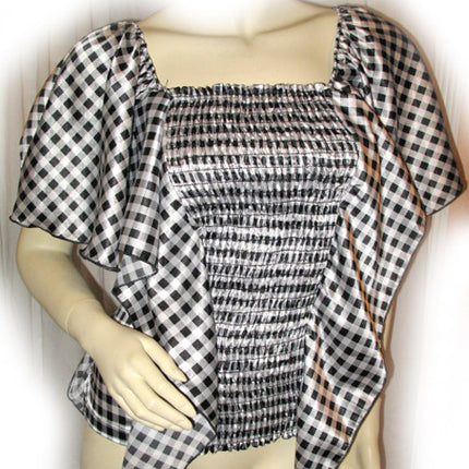 New Y2K Kaftan Top Blouse Check Checkered Made USA Black White Fairy Fairycore