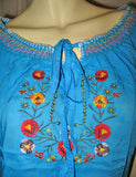 NEW Women BLUE Floral Flowers Embroidery Short Sleeve TOP BLOUSE Summer Tops Clothes Clothing