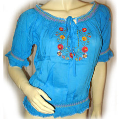 NEW Women BLUE Floral Flowers Embroidery Short Sleeve TOP BLOUSE Summer Tops Clothes Clothing