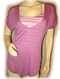 NEW Womens LILAC Lavender Purple V-Neck 2-Layers Stripe Striped Shirt TOP Summer Clothes