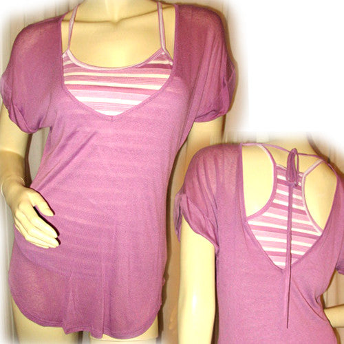 NEW Womens LILAC Lavender Purple V-Neck 2-Layers Stripe Striped Shirt TOP Summer Clothes