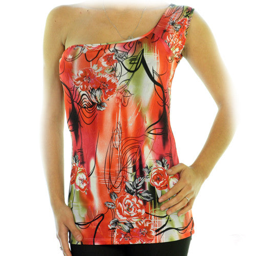 Womens Summer Tops RED ORANGE Floral Print ONE Shoulder TOP