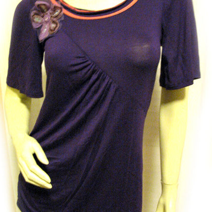 USA MADE NEW Womens PURPLE Coral Short Sleeve TOP Sequins Floral Flowers Clothes Clothing