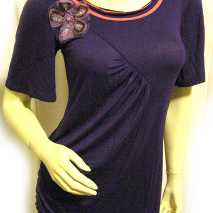 USA MADE NEW Womens PURPLE Coral Short Sleeve TOP Sequins Floral Flowers Clothes Clothing