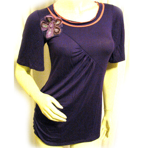 USA MADE NEW Womens PURPLE Coral Short Sleeve TOP Sequins Floral Flowers Clothes Clothing