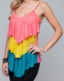 NEW Womens Spaghetti Strap Asymmetrical Top Blouse Cami Tiered Layered Layer Color Block Blocking Pattern Orange Yellow Blue Spring Summer Tops Women's Size Small S