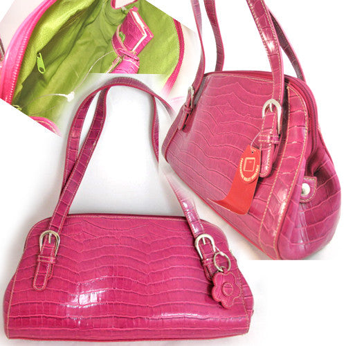 NEW Women CROCO CROCODILE Pattern PINK FUCHSIA Lining HANDBAG Purse Tube BAG BAGS