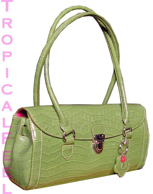 NEW Womens Avocado GREEN Dual Handle Croco Crocodile Pattern Tube HANDBAG BAG