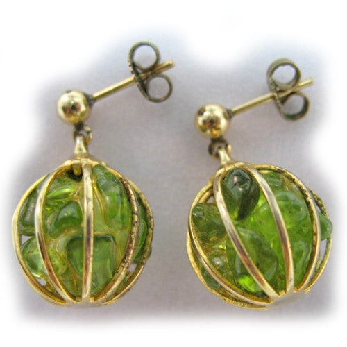 VINTAGE Metal Gold Tone Cage Jade GREEN Citrus Stones DANGLING HANGING STUD EARRINGS Set