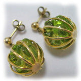 VINTAGE Metal Gold Tone Cage Jade GREEN Citrus Stones DANGLING HANGING STUD EARRINGS Set