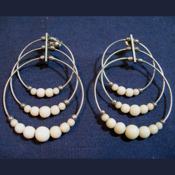 Vintage Silver Tone BEADS BEADED Metal CIRCLES ROUND HOOP LOOPS Dangling EARRINGS Set