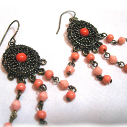 VINTAGE Antique Gold Tone METAL DANGLING CHANDELIER EARRINGS Set ORANGE BEADS