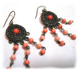 VINTAGE Antique Gold Tone METAL DANGLING CHANDELIER EARRINGS Set ORANGE BEADS