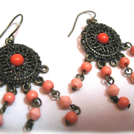 VINTAGE Antique Gold Tone METAL DANGLING CHANDELIER EARRINGS Set ORANGE BEADS