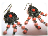 VINTAGE Antique Gold Tone METAL DANGLING CHANDELIER EARRINGS Set ORANGE BEADS