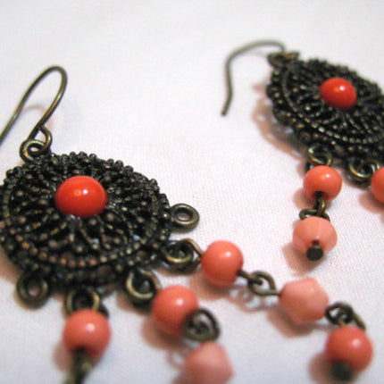 VINTAGE Antique Gold Tone METAL DANGLING CHANDELIER EARRINGS Set ORANGE BEADS
