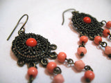 VINTAGE Antique Gold Tone METAL DANGLING CHANDELIER EARRINGS Set ORANGE BEADS