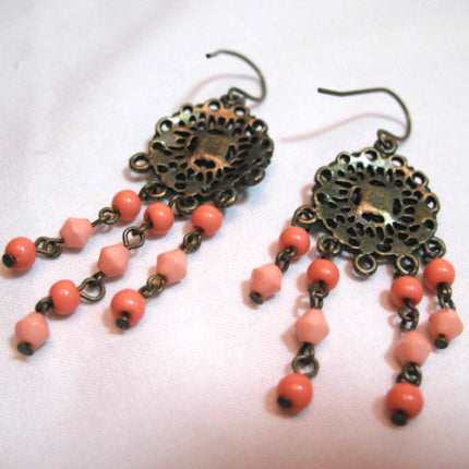 VINTAGE Antique Gold Tone METAL DANGLING CHANDELIER EARRINGS Set ORANGE BEADS