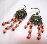 VINTAGE Antique Gold Tone METAL DANGLING CHANDELIER EARRINGS Set ORANGE BEADS