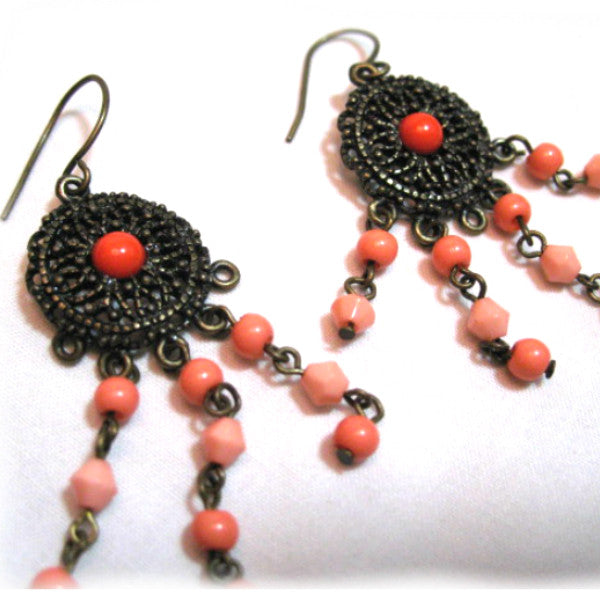 VINTAGE Antique Gold Tone METAL DANGLING CHANDELIER EARRINGS Set ORANGE BEADS