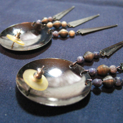 VINTAGE Big Huge Giant Large SILVER Tone ROUND METAL DANGLING EARRINGS Set