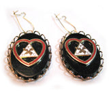 VINTAGE BLACK OBLONG Dangling EARRINGS Set FHC Logo Emblem Deer Symbol Red Heart
