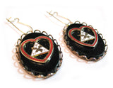 VINTAGE BLACK OBLONG Dangling EARRINGS Set FHC Logo Emblem Deer Symbol Red Heart