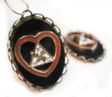 VINTAGE BLACK OBLONG Dangling EARRINGS Set FHC Logo Emblem Deer Symbol Red Heart