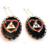 VINTAGE BLACK OBLONG Dangling EARRINGS Set FHC Logo Emblem Deer Symbol Red Heart