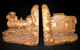 VINTAGE CHALKWARE CHALK LOCOMOTIVE TRAIN TRAINS Old BOOKENDS BOOK ENDS Set