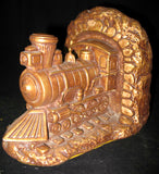 VINTAGE CHALKWARE CHALK LOCOMOTIVE TRAIN TRAINS Old BOOKENDS BOOK ENDS Set