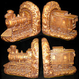 VINTAGE CHALKWARE CHALK LOCOMOTIVE TRAIN TRAINS Old BOOKENDS BOOK ENDS Set