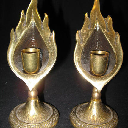 LOT 2-pc GOLD Tone Solid BRASS METAL Carved JERUSALEM FLAMES CANDLE HOLDERS