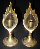 LOT 2-pc GOLD Tone Solid BRASS METAL Carved JERUSALEM FLAMES CANDLE HOLDERS