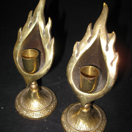 LOT 2-pc GOLD Tone Solid BRASS METAL Carved JERUSALEM FLAMES CANDLE HOLDERS